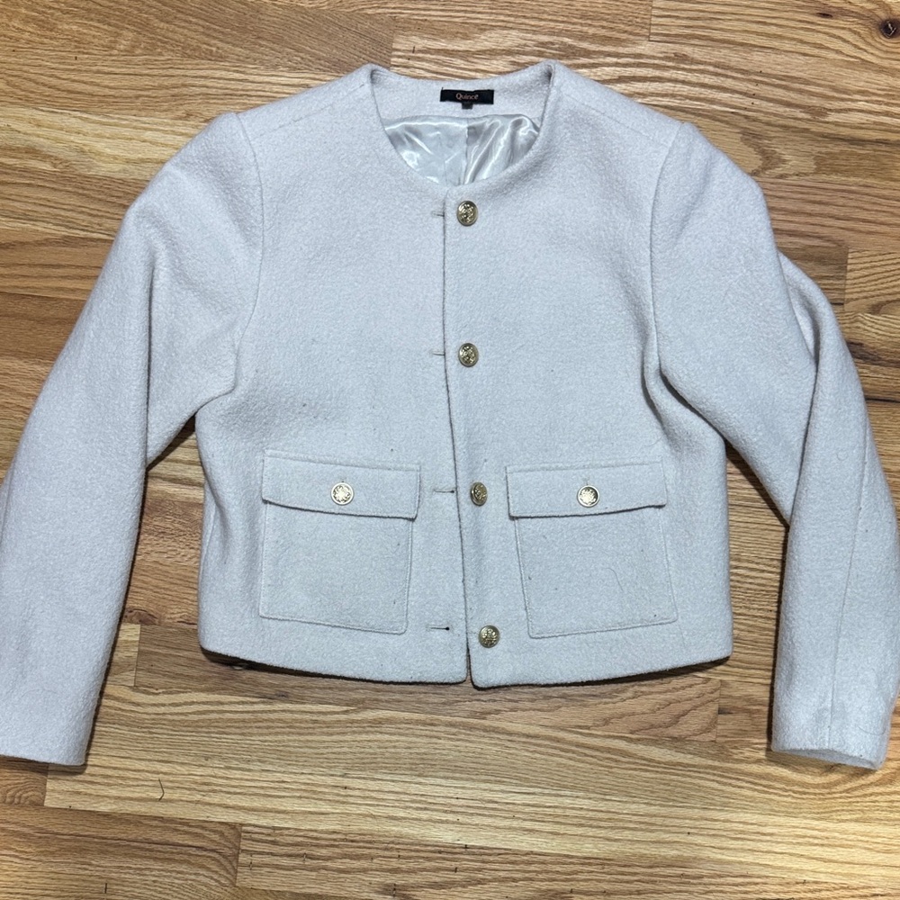Quince Cream Women's 100% Collarless Cropped Merino Wool Jacket with Gold Accent